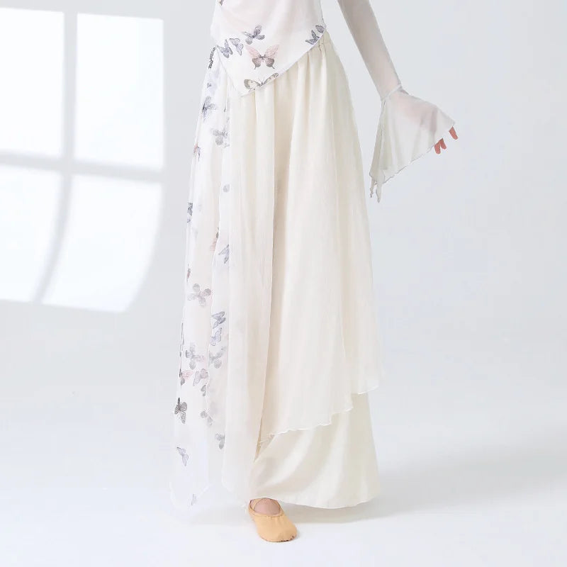 Women 2 Layers Dance Trousers Gauze Print Chiffon Culottes Flowy Skirt Pant Loose Wide Leg Modern Hanfu Elegant Practice Clothes