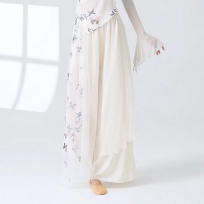 Women 2 Layers Dance Trousers Gauze Print Chiffon Culottes Flowy Skirt Pant Loose Wide Leg Modern Hanfu Elegant Practice Clothes