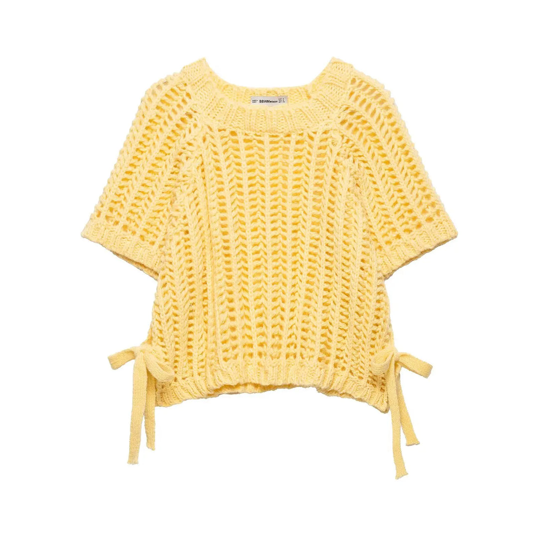 Hollow Out Knit Pullover Women Casual Round Neck Lace Up Bow Sweater Female Autumn Short Sleeves Solid Knitwears Lady