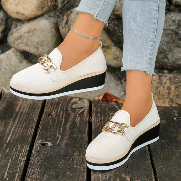 Womens Platform Loafers Wedge Shoe Gold Chain Decoration Round Toe Slip on Comfortable Walking Fashion Professional Office Style