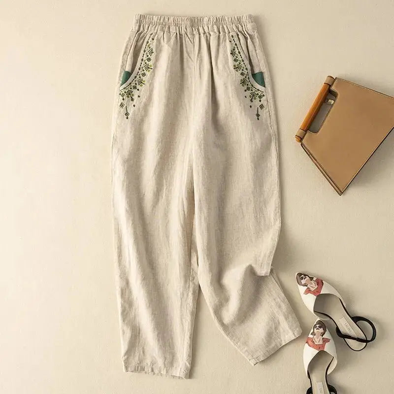 Embroidery Linen Solid Casual Elastic High Waist Loose Wide Leg Women&