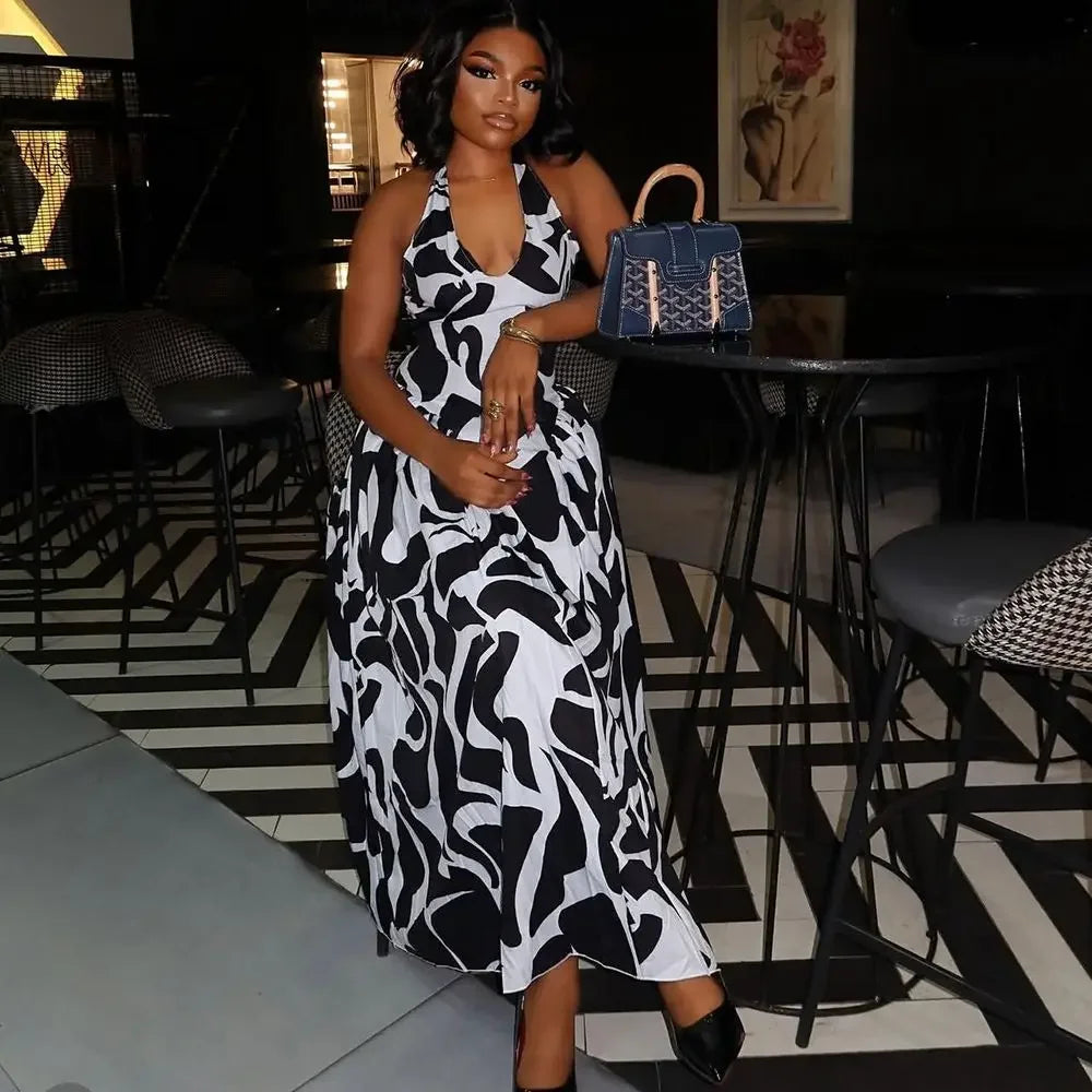 Maxi Tiered Dresses for Woman Backless Sexy Summer Vacation Dress Slim Fit Sleeveless Elegant Black and White Long Dress