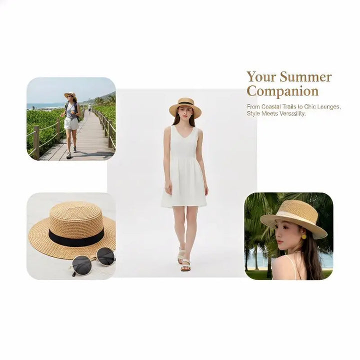 Straw Hat Women French Style Flat Top Wide Brim Sun Protective Hat Summer Beach Vacation Travel FashionHot