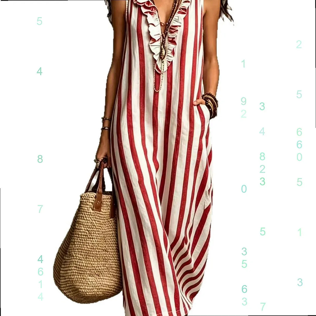Bohemian Stripe V Neck Linen Maxi Dress Summer Casual Long Dresses