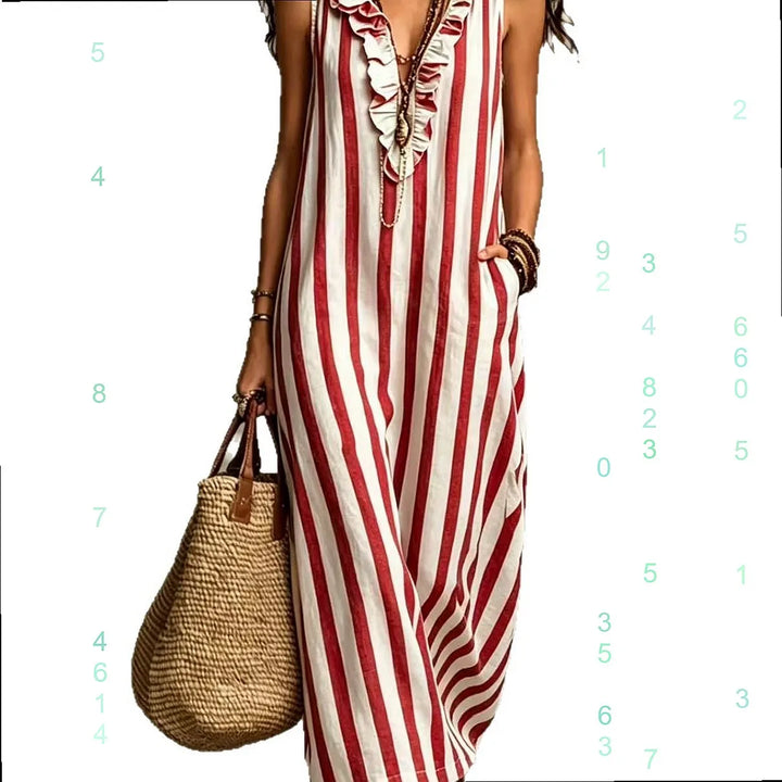 Bohemian Stripe V Neck Linen Maxi Dress Summer Casual Long Dresses