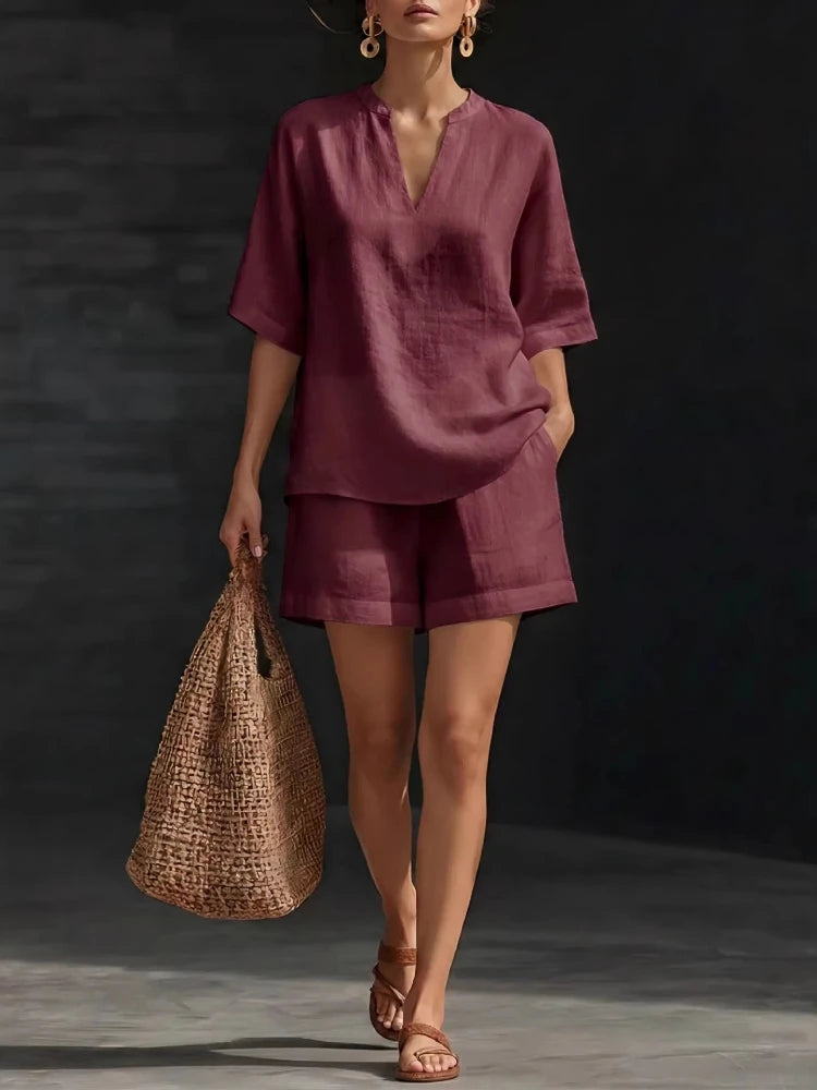 Women Casual Suits Fashion Two Pieces Sets Spring Summer Cotton Linen Loose Long Sleeve Drawstring Blouse Ruffles Shorts Set