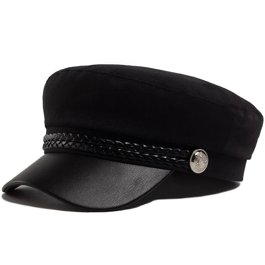 Flat Top Newsboy Cap Streetwear Women Vintage Sailor Cap Daily Wear British Style Cadet Cap PU Leather Brim Peaked Beret Travel