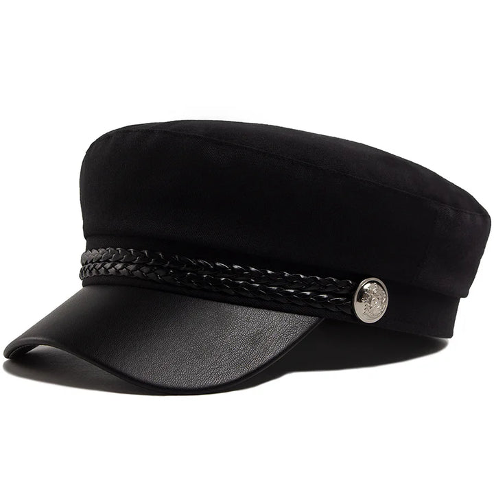 Flat Top Newsboy Cap Streetwear Women Vintage Sailor Cap Daily Wear British Style Cadet Cap PU Leather Brim Peaked Beret Travel