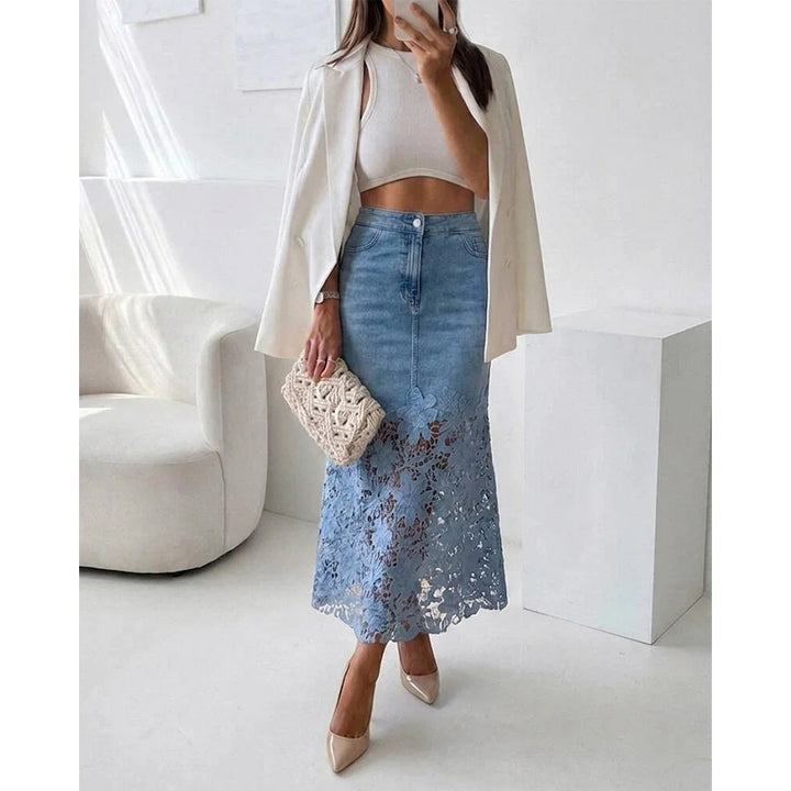 Women Light Wash Denim Midi Skirt High Waist Floral Hollow Lace Patchwork Split Hem A Line Long Jean Skirt Summer Casual
