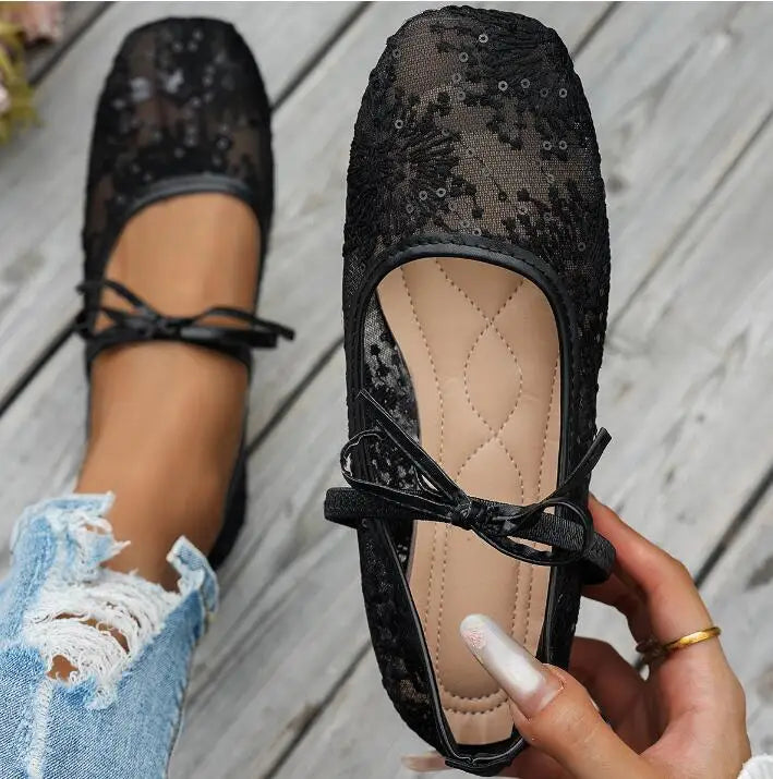 French-style Net Flower Mary Jane Flat Shoes for Women Sweet Square-toe Ballet-inspired Single Shoes Woman Summer Fairy Sandals