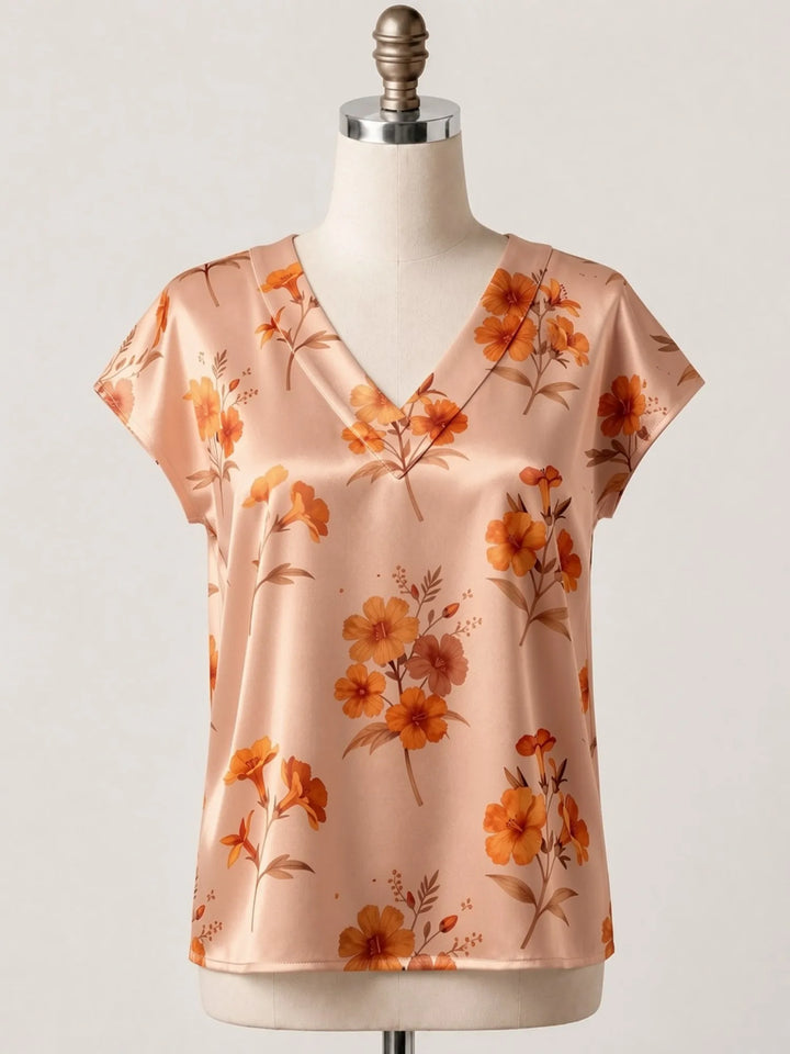 Floral Satin V Neck Top for Women Cap Sleeve Easy Draped Fit Silky Casual Summer Resort Wear Lightweight Breathable Weekend Glam
