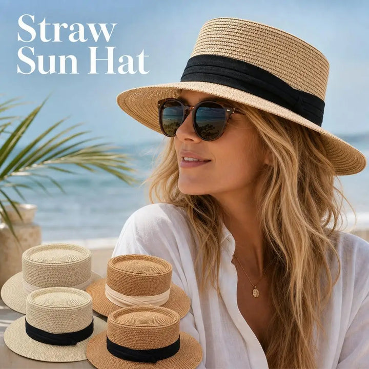 Boater Straw Hat wide brim French elegant square ribbon women&