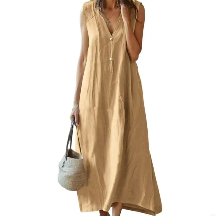 Y3NE Womens Cotton Linen Dress Casual V-Neck Sleeveless Spring Maxi Dresses Beach Dresses Vacation Outfits