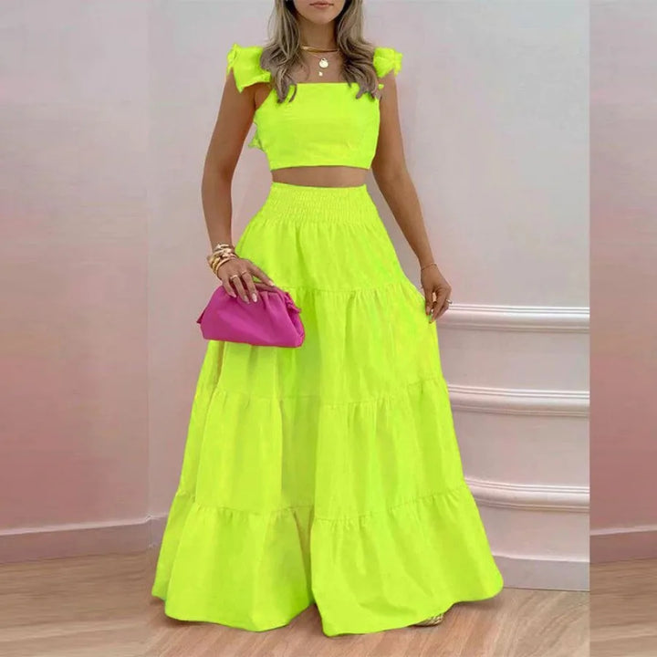 Two Piece Skirt Sets Women Print Dot Ruffles A Line Long Skirts High Waist Casual Half Sleeve Tops Suits Elegant Lady 2024