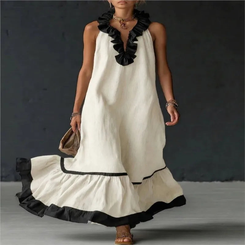 Fashion Patchwork Maxi Dress for Woman V Neck Stringy Selvedge Ruffle Flowy Long Dresses 2026 Summer Beach Vacation Sundress