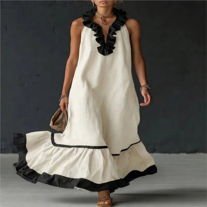 Fashion Patchwork Maxi Dress for Woman V Neck Stringy Selvedge Ruffle Flowy Long Dresses 2026 Summer Beach Vacation Sundress