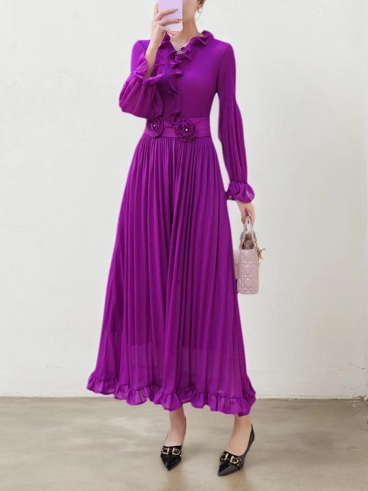 Elegant pleated fitted long dress for women with ruffled trim, luxurious evening gown, new style for Spring/Summer 2026.