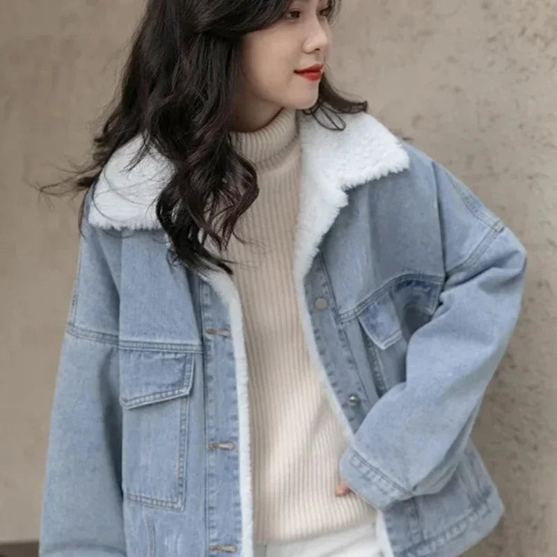 Outerwear Wool Inside Plain Warm Blue Denim Jacket for Women with Fur Plush Woman Jean Coat Winter 2025 Cold Padded Korean Outer