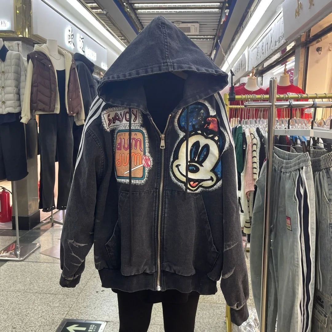 European and American Fashion Brand Outerwear with Cartoon Print Embroidery and Patchwork, Fashionable Loose Jacket 2026