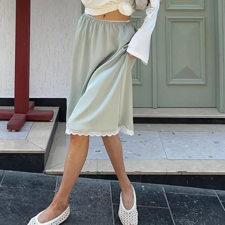 Women Satin Silk Midi Straight Skirts Elegant Y2k Elastic Low Waist Vintage Floral Lace Trim Half Slips Underskirts