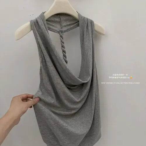 Cowl Neck Elegant Summer Women Top Sleeveless Halter Neck Tank Top Laced Ice Silk Knit Backless Sexy Basic Tees Blouse