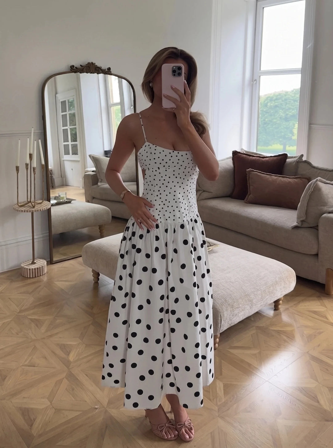 Women White Polka Dot Maxi Dress Summer Female French Style Spaghetti Strap Dress Lady Elegant Chic Cutout Waist Party Sundress