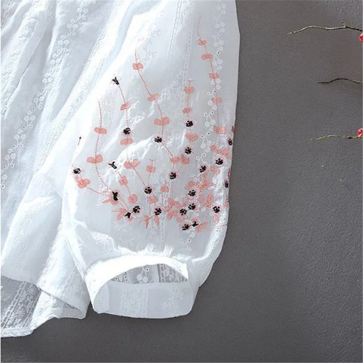 V-Neck Embroider Blouses For Women Shirt Lace Lantern Sleeves Cotton Bluasa LooseTop Casual Versatile Summer Thin Feminine Blous