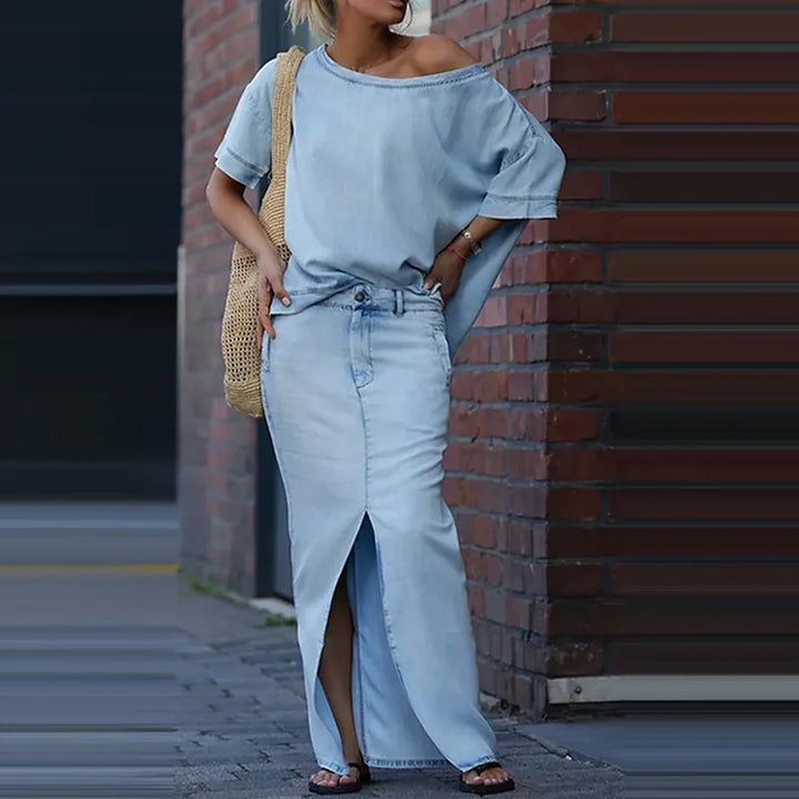 Summer Maxi Skirt Sets Women 2025 Fashion Long Sleeve Loose Tees Tops 2 Pieces Set For Woman Elegant