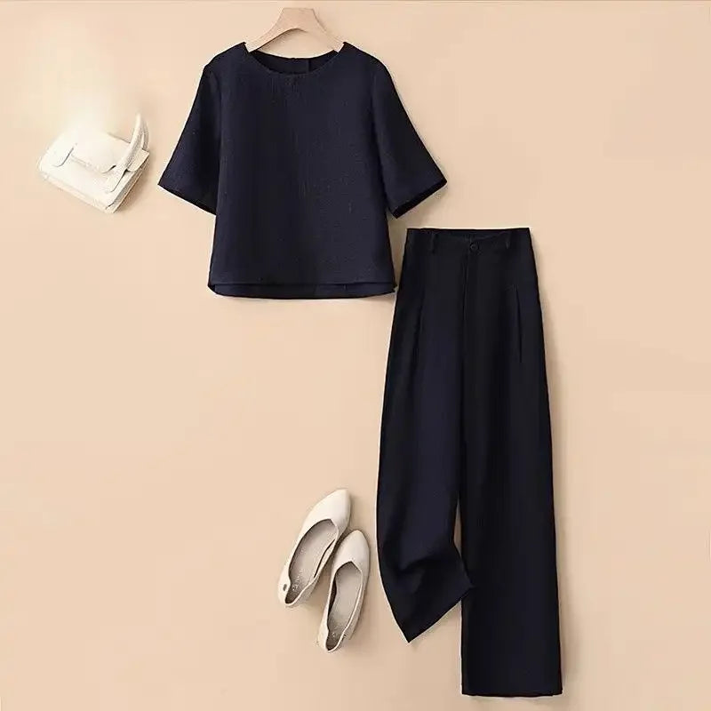 Women Casual Summer Linen Short Sleeve Top High Waist Wide Leg Pants Two Piece Set Daily Outdoor Wear S-XXL