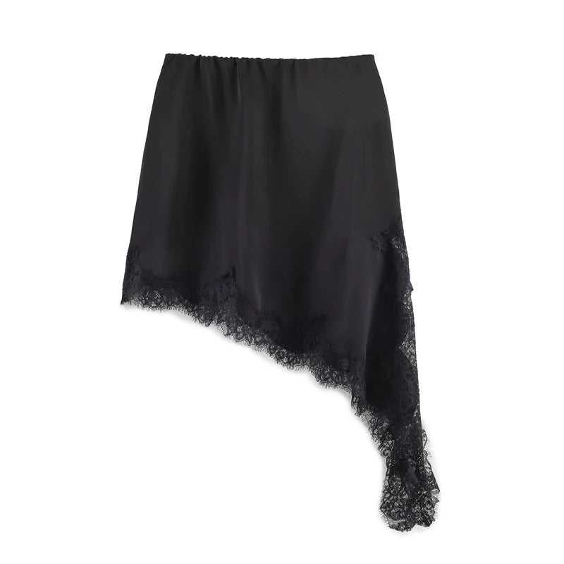 Summer Satin Lace Mini Skirt Women Elegant Irregular Lace Trim MIni Skirt Vintage Elastic Waist Flowy A Line Mini Skirts Y2k