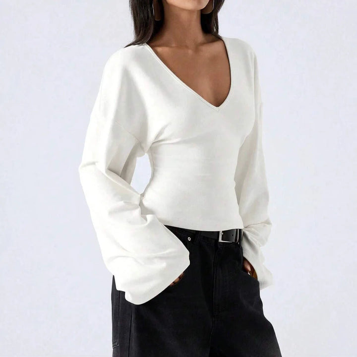 Women V Neck Flare Long Sleeve Crop Top Slim Fit Basic T Shirt Casual Y2K Streetwear Elegant Daily Fashion Blouse Tops