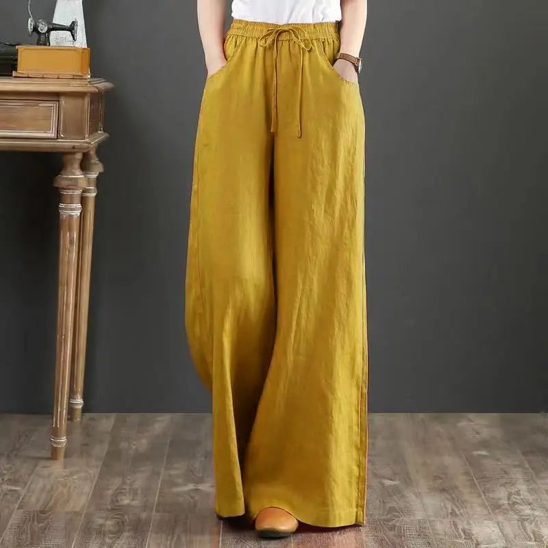Women Wide Leg Pants Solid Loose Length Pants Cotton Linen Elastic Waist Casual Pants Vintage Mid Waist Pants 5XL