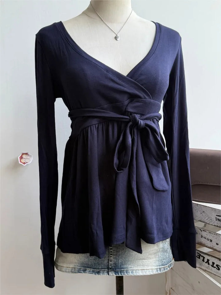 Navy V-neck Sexy Long Sleeve Tees Women Autumn New Streetwear Casual Lace-up Slim T-shirts Vintage Chic Sweet Babydoll Tops Y2K