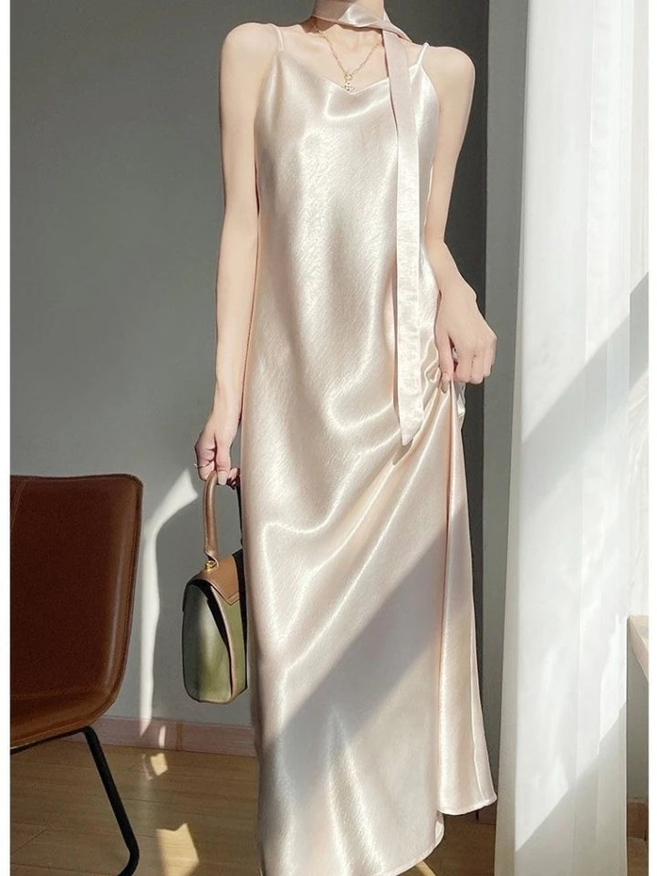 French Elegant Satin Camis Dress Women Summer Loose with Ribbon Midi Dress Female Fashion Aesthetic Party Evening Slip Dress