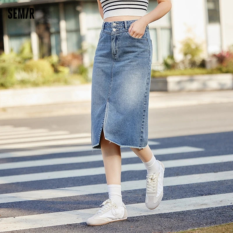 Semir Denim Skirt Women High-waisted Slit 2024 New Spring Straight Skirt