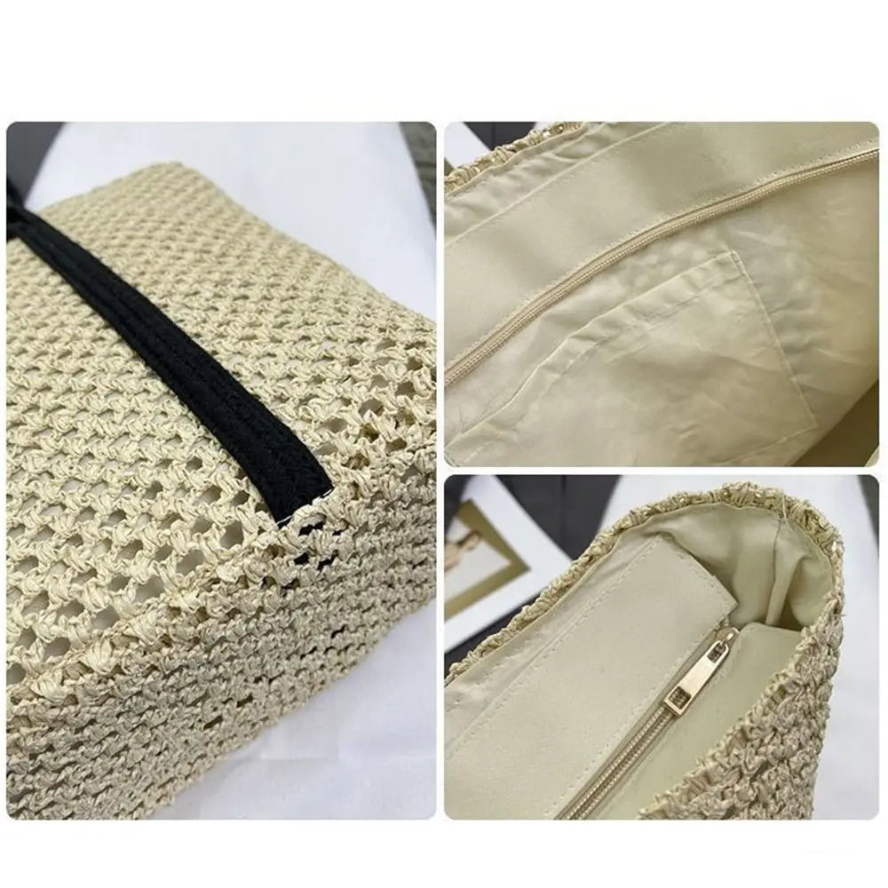Handmade Straw Woven Bags Large Capacity Zipper Closure Beach Handbags Top-Handle Solid Color Women&
