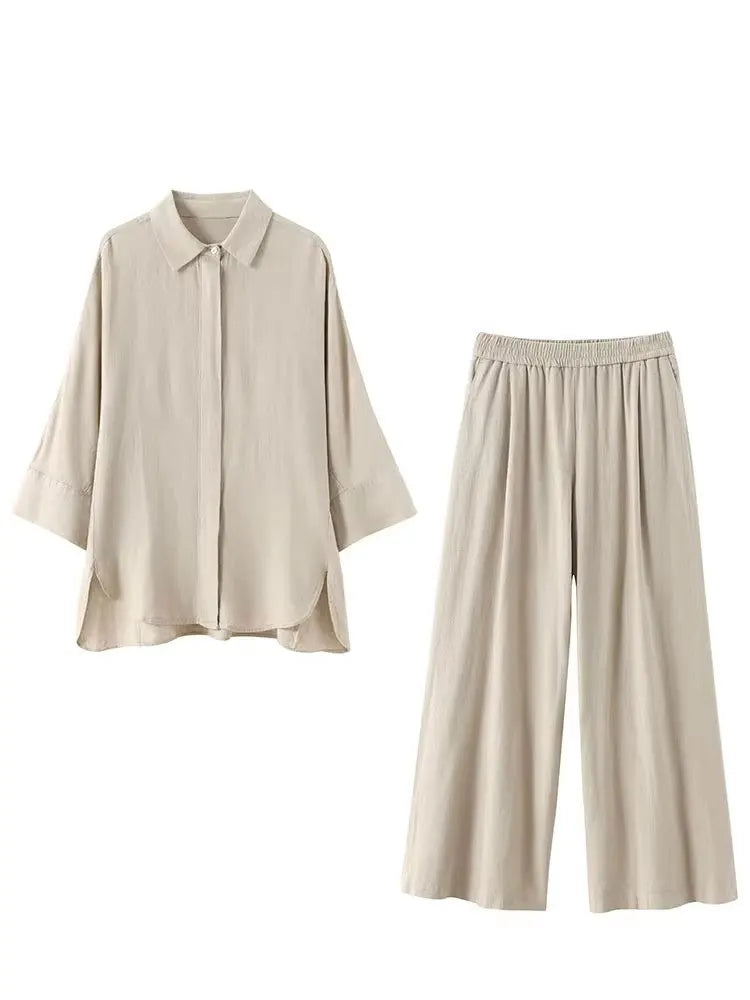 HH Women Casual Solid Blouse Pant Sets Loose Long Sleeve Lapel Shirts Elastic Waist Wide Leg Trousers Office Lady Suit