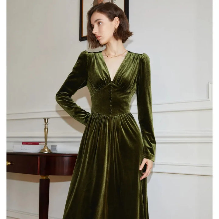 Velvet V-Neck Dress Women&