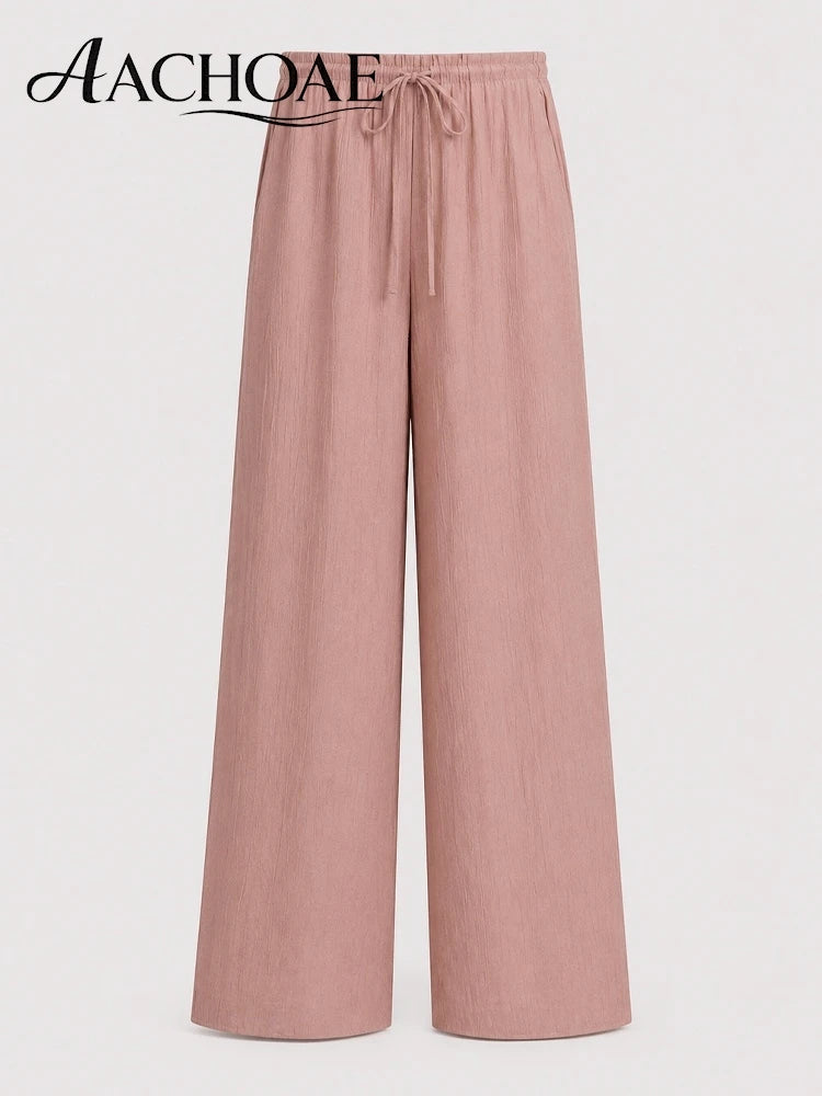 Women Linen Wide Leg Pants Summer Beach Long Pants Casual Drawstring Loose Beach Trousers