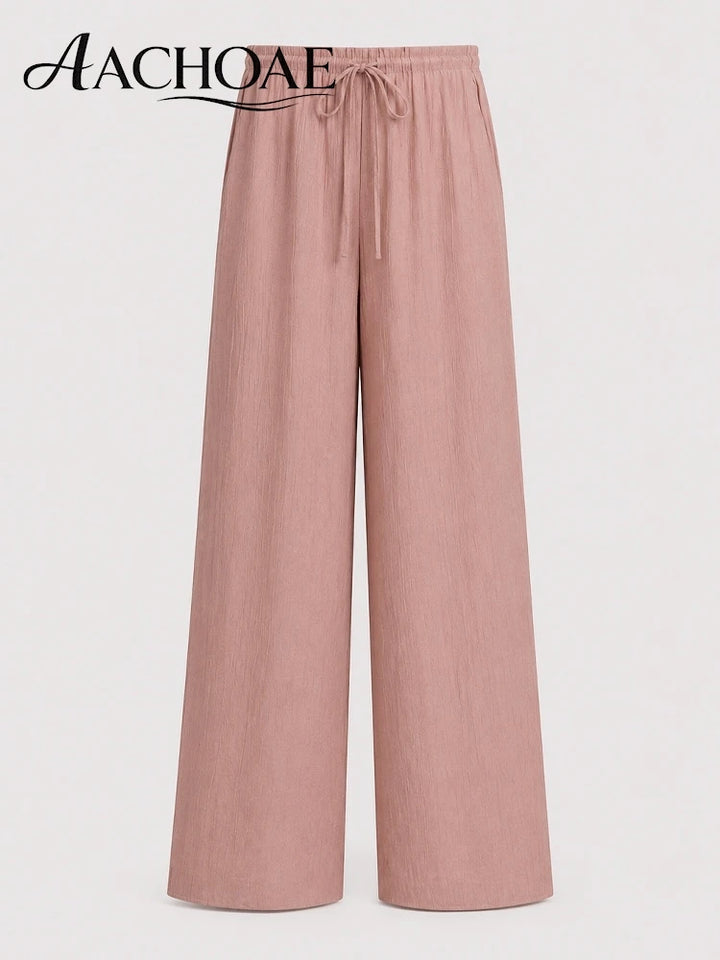 Women Linen Wide Leg Pants Summer Beach Long Pants Casual Drawstring Loose Beach Trousers