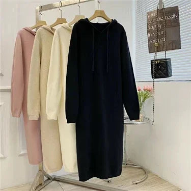 Women Hooded Knit Sweater Dress Long Sleeve Loose Slim Midi Dress Inner Wear For Overcoat Casual Knitwear