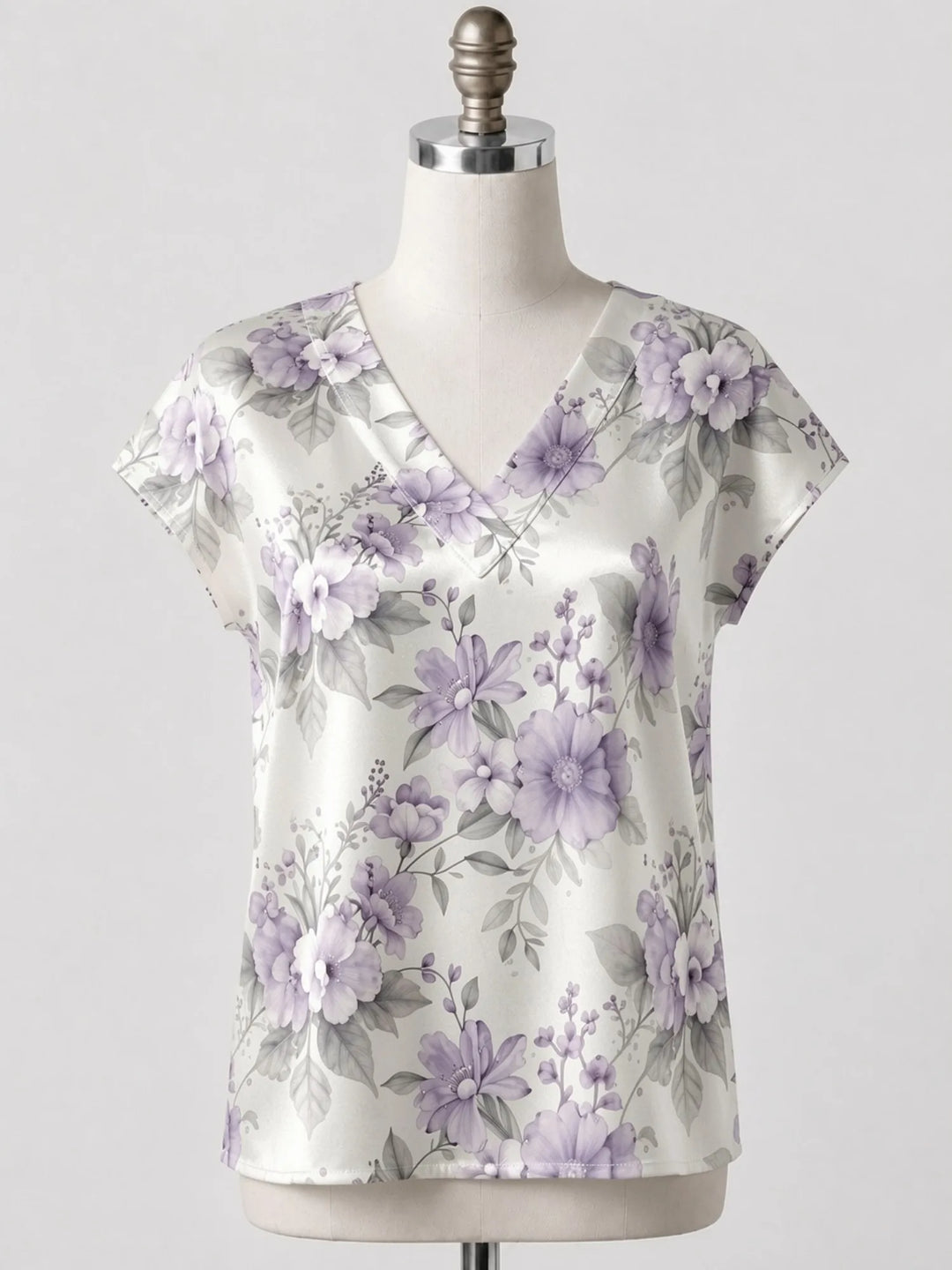 Floral Satin V Neck Top for Women Cap Sleeve Easy Draped Fit Silky Casual Summer Resort Wear Lightweight Breathable Weekend Glam