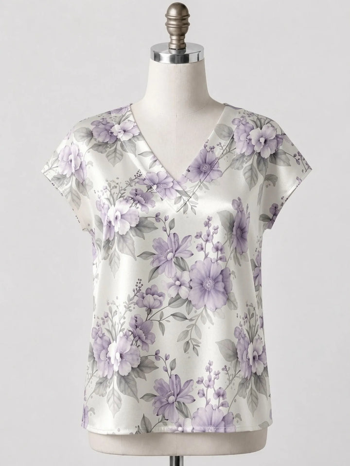 Floral Satin V Neck Top for Women Cap Sleeve Easy Draped Fit Silky Casual Summer Resort Wear Lightweight Breathable Weekend Glam
