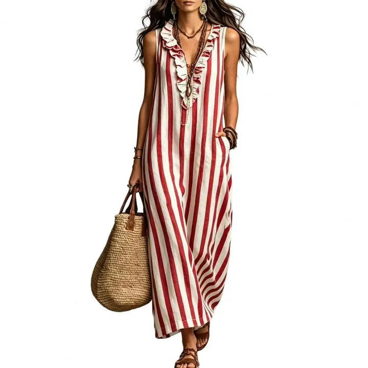 Women Striped Cotton Linen Maxi Dress Sleeveless Ruffle V Neck Long Dress Boho Beach Flowy Sundress with Pockets Elegant Women D