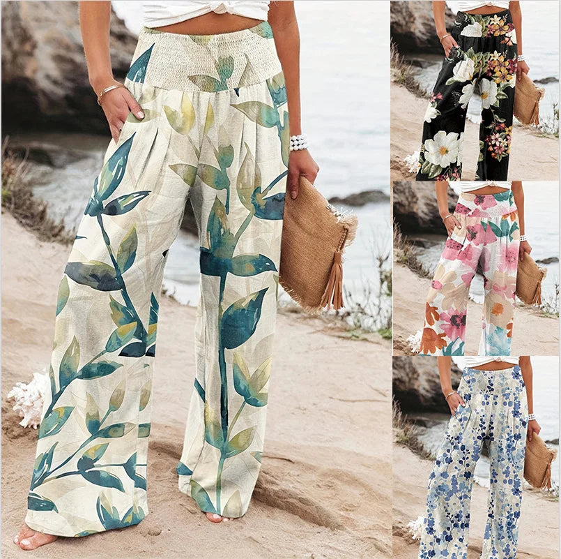 New European and American spring and summer casual wide-leg pants, printed loose-fitting long pants for women, suitable for all