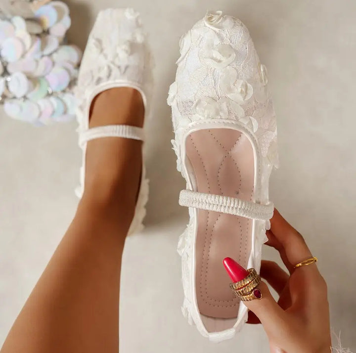 French-style Net Flower Mary Jane Flat Shoes for Women Sweet Square-toe Ballet-inspired Single Shoes Woman Summer Fairy Sandals