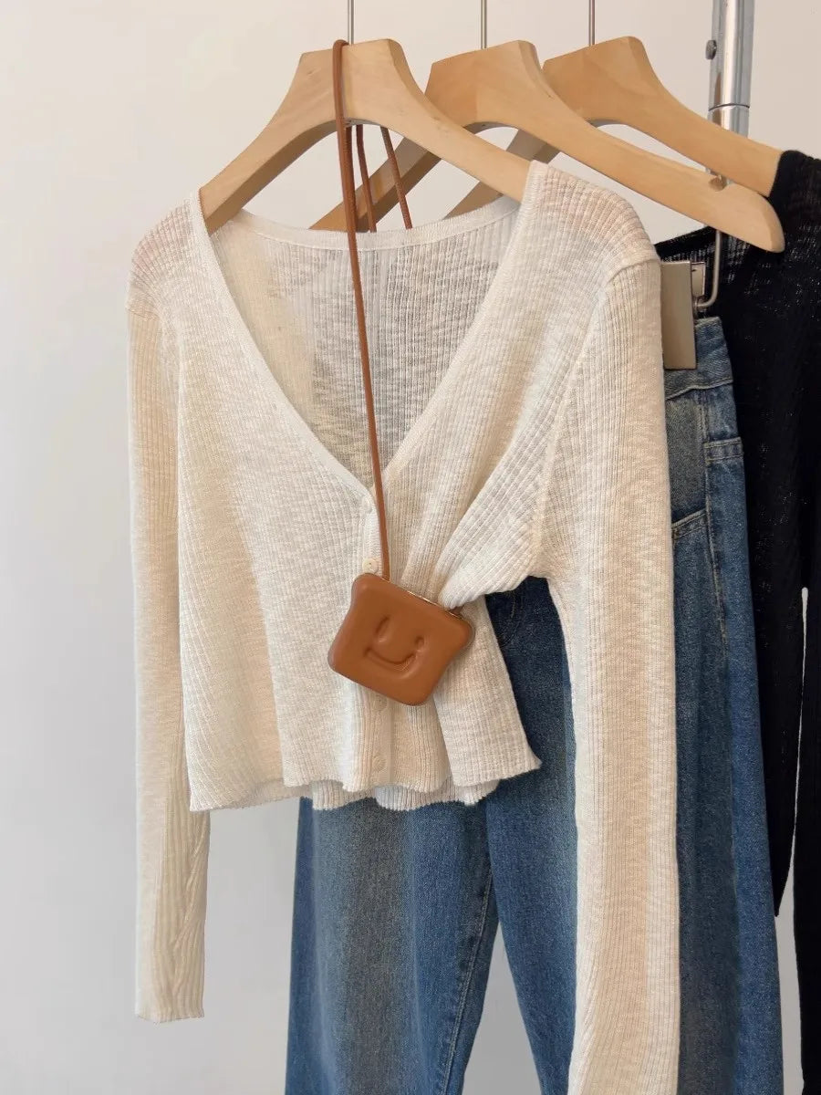 Women Outerwear Air Conditioner Shawl Single-breasted Short Tops 2026 Summer Blue V-Neck Thin Sunscreen Knit Cardigan