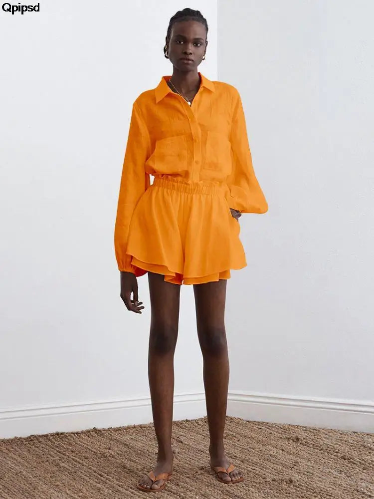Women Casual Shirt Shorts Two Piece Summer New Fashion Personality Long Sleeved Shirt Loose Shorts Lady Simple Solid Color Suit