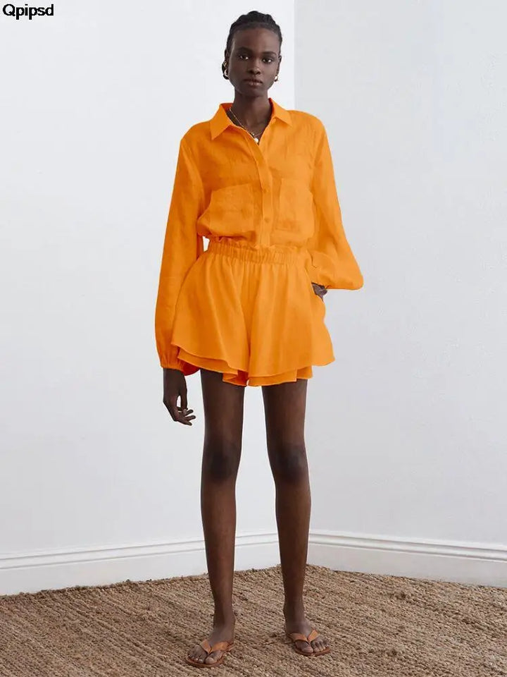 Women Casual Shirt Shorts Two Piece Summer New Fashion Personality Long Sleeved Shirt Loose Shorts Lady Simple Solid Color Suit