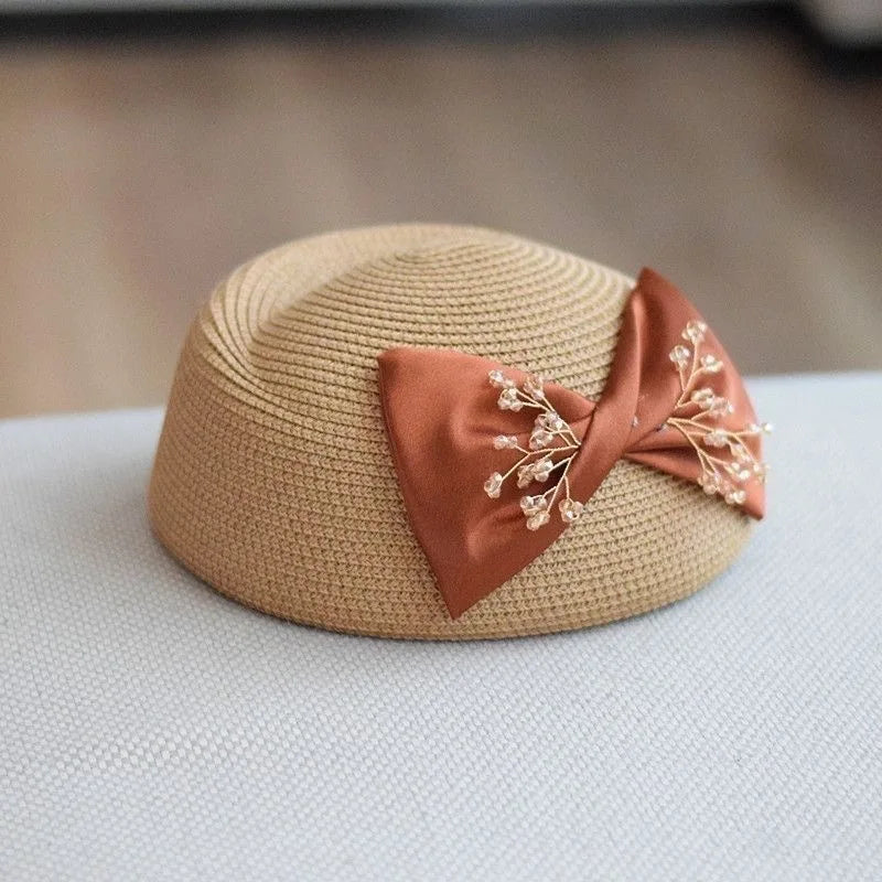 Summer Straw Beret Cap for Women Breathable Straw Summer Bow Jewelry Fedora Cap Elegant Ladies Spring Summer Berets Boina Hombre
